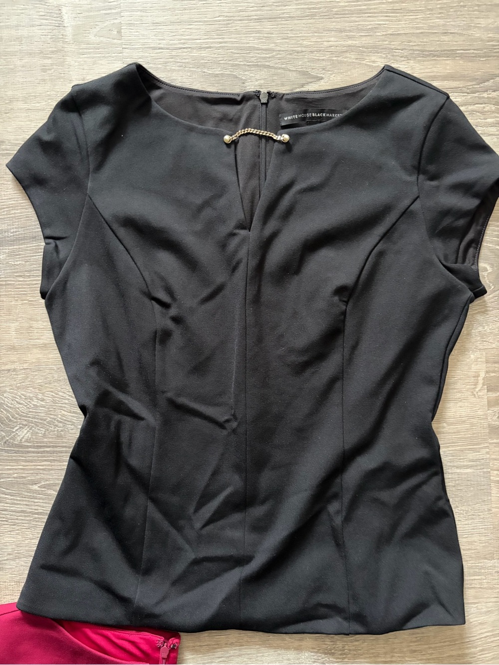 White House Black Market Black Cap-Sleeve Ponte Top with Gold Accent